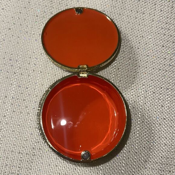 Ceramic Ivory Round Small Jeweled Rhinestone Gold Tone Keepsake Jewelry Box - Picture 4 of 5